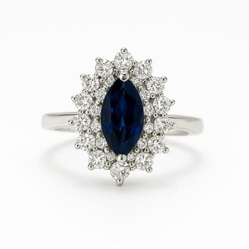 Bague 55 Bague en or blanc 750 avec saphir marquise et halo de diamants 58 Facettes 50293