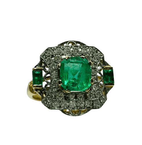 Bague 54 Bague Art déco en or jaune et blanc 750 avec émeraudes et diamants 58 Facettes 50296