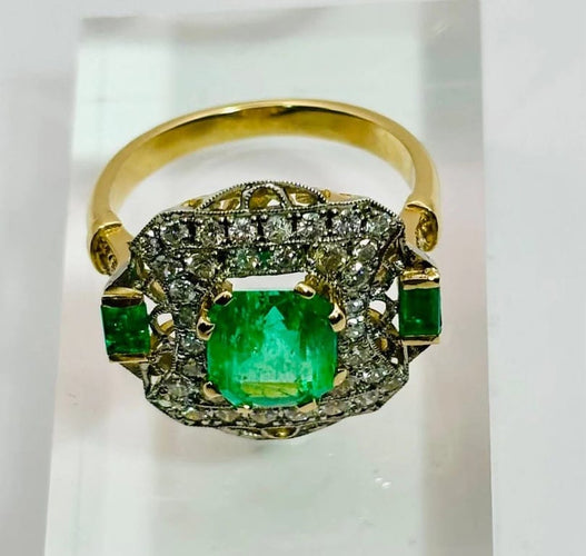 Bague 54 Bague Art déco en or jaune et blanc 750 avec émeraudes et diamants 58 Facettes 50296