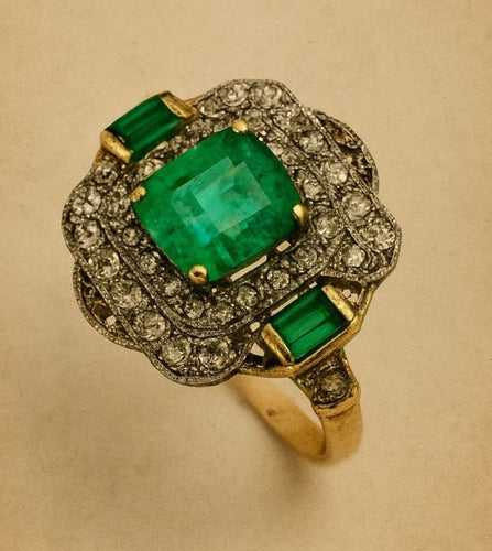 Bague 54 Bague Art déco en or jaune et blanc 750 avec émeraudes et diamants 58 Facettes 50296
