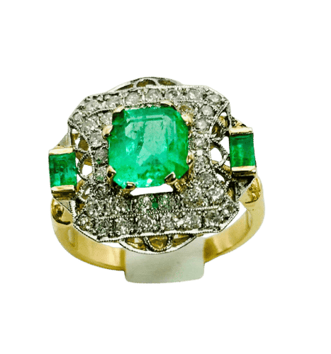 Bague 54 Bague Art déco en or jaune et blanc 750 avec émeraudes et diamants 58 Facettes 50296