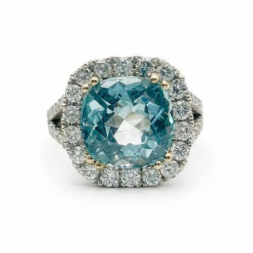 Bague 54 Bague en or blanc 18 carats avec aigue-marine et halo de diamants 58 Facettes 50298