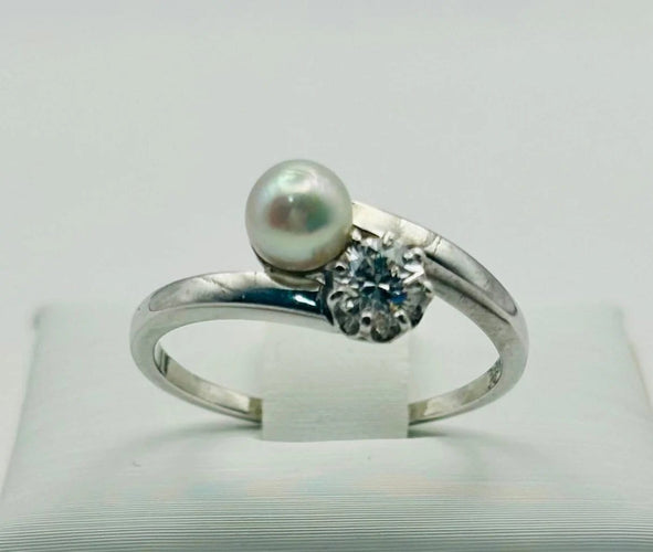 Bague 55 Toi et moi - Bague en or blanc 18 carats avec perle et diamant 58 Facettes 50322