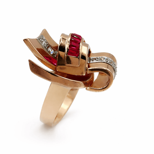 Bague 57 Bague chevalière en or jaune 750 avec rubis et diamants 58 Facettes 50342