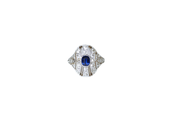 Bague 51 Art Déco - Bague dôme en or jaune et platine saphir et diamants 58 Facettes