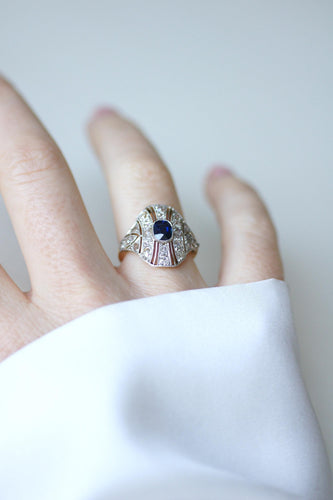 Bague 51 Art Déco - Bague dôme en or jaune et platine saphir et diamants 58 Facettes