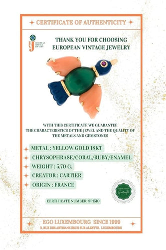Broche Cartier - Broche oiseau en or jaune avec corail, chrysoprase et rubis 58 Facettes