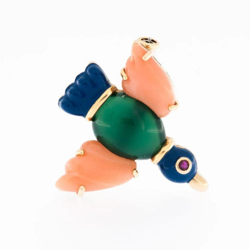 Broche Cartier - Broche oiseau en or jaune avec corail, chrysoprase et rubis 58 Facettes