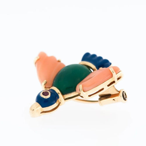 Broche Cartier - Broche oiseau en or jaune avec corail, chrysoprase et rubis 58 Facettes