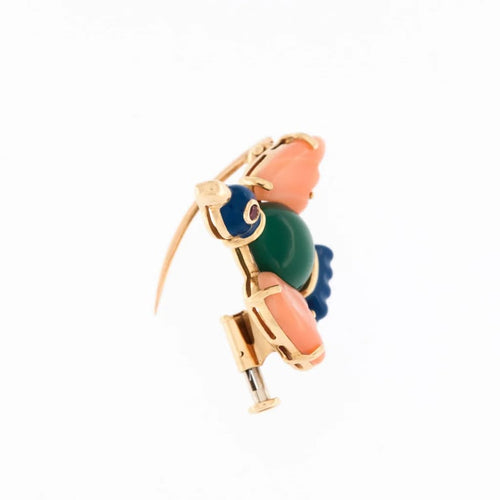 Broche Cartier - Broche oiseau en or jaune avec corail, chrysoprase et rubis 58 Facettes