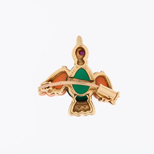Broche Cartier - Broche oiseau en or jaune avec corail, chrysoprase et rubis 58 Facettes