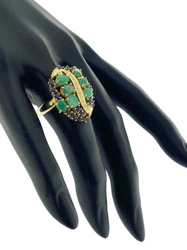 Bague 56.5 Bague cocktail - Rétro en or jaune 18 carats, diamants, saphirs et émeraude 58 Facettes