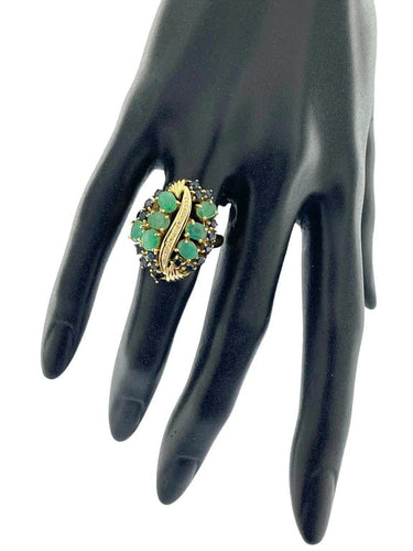 Bague 56.5 Bague cocktail - Rétro en or jaune 18 carats, diamants, saphirs et émeraude 58 Facettes
