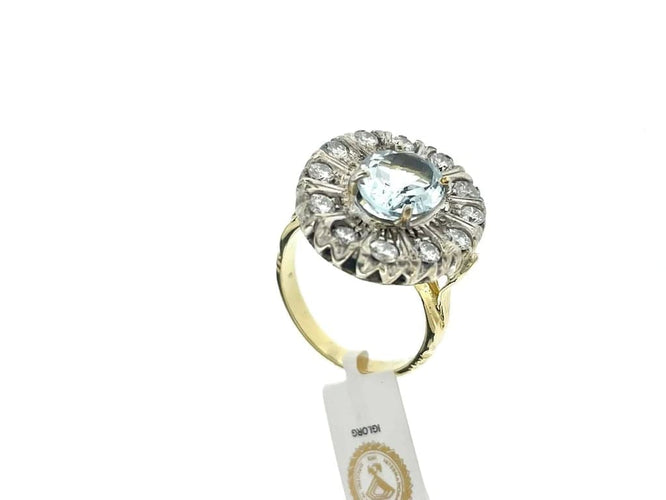 Bague 54.5 Bague - aigue-marine 2,25 ct et diamants en or jaune 18 carats 58 Facettes