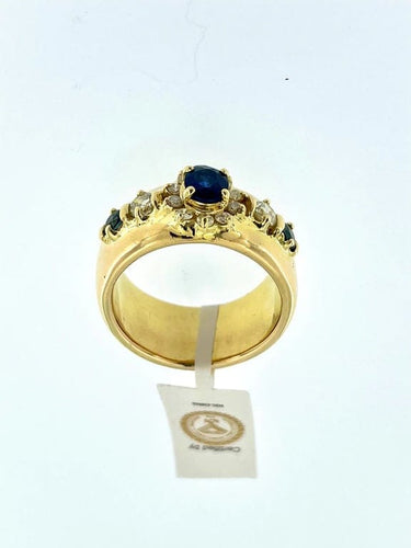 Bague 59.5 Bague en or jaune 18 carats avec diamants et saphirs, certificat IGI 58 Facettes
