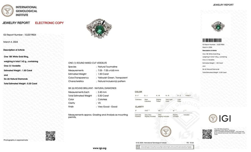 Bague 59.5 Bague en or blanc 18 carats avec tourmaline verdelite et diamants 58 Facettes