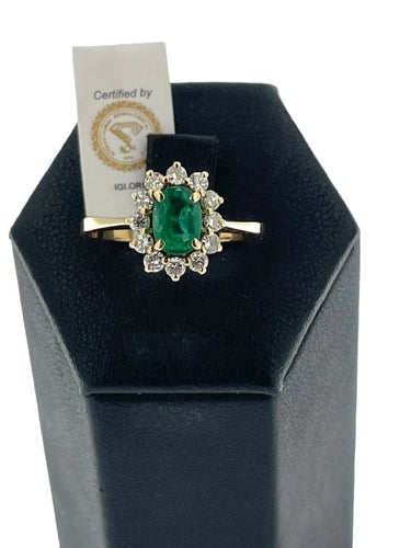 Bague 57 Bague en or jaune 18 carats avec émeraude et diamants (IGI) 58 Facettes