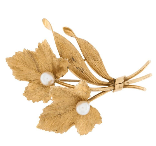 Broche Broche feuille Vineyard en or jaune 18 carats et perles 58 Facettes