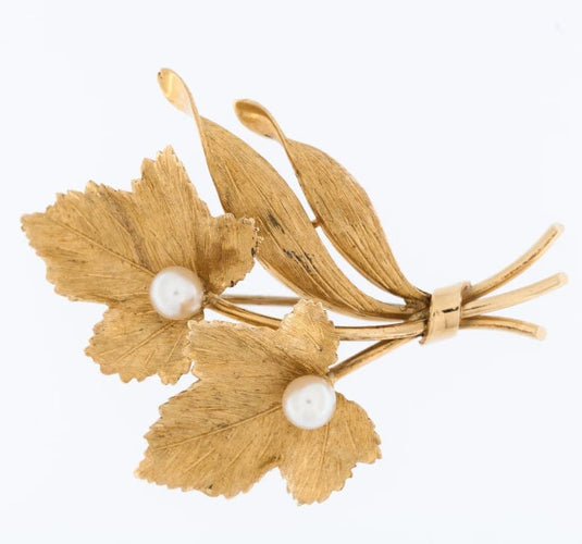 Broche Broche feuille Vineyard en or jaune 18 carats et perles 58 Facettes