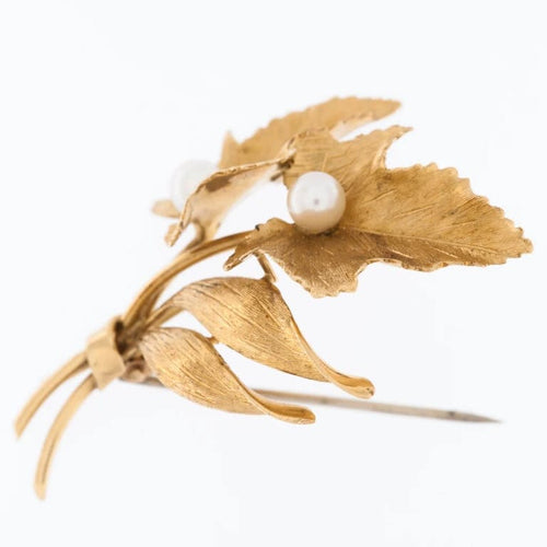 Broche Broche feuille Vineyard en or jaune 18 carats et perles 58 Facettes
