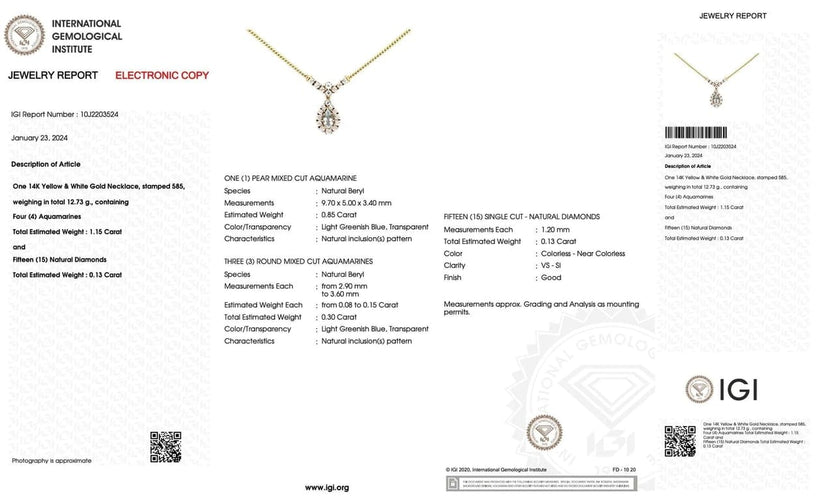 Collier Collier en or jaune et or blanc 14 carats, diamants et aigue-marine 58 Facettes