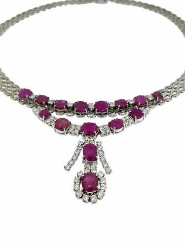 Collier Collier en or blanc 18 carats avec diamants et rubis, certificat IGI 58 Facettes