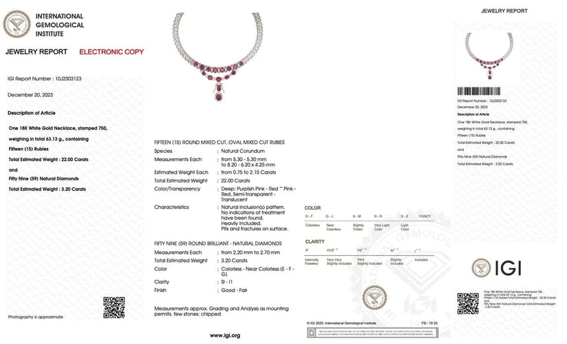 Collier Collier en or blanc 18 carats avec diamants et rubis, certificat IGI 58 Facettes