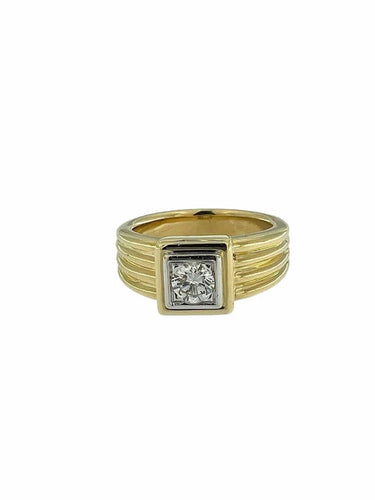 Bague 56 Bague chevalière certifiée HRD en or jaune et blanc 18 carats avec diamant 58 Facettes