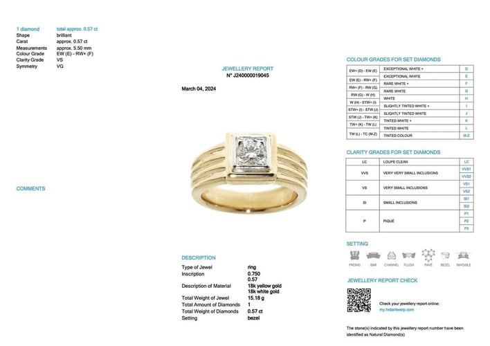 Bague 56 Bague chevalière certifiée HRD en or jaune et blanc 18 carats avec diamant 58 Facettes