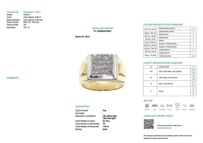 Bague 67 Bague chevalière vintage en or jaune et blanc 18 carats, diamant 58 Facettes