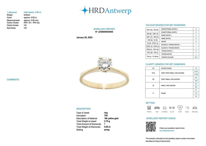 Bague 53 Bague solitaire en or jaune 18 carats avec diamant 0,65 ct 58 Facettes