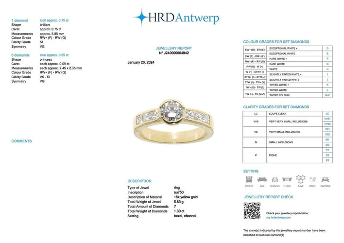 Bague 53 Bague en or jaune 18 carats avec diamants, certificat HRD 58 Facettes
