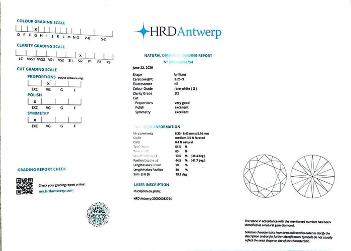 Gemstone Diamant naturel - Diamant taille brillant 2,25 ct certifié HRD 58 Facettes