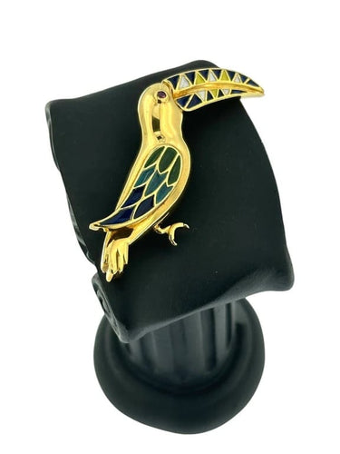 Broche Broche toucan vintage en or jaune 18 carats avec émail et rubis 58 Facettes