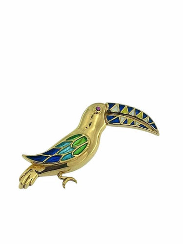 Broche Broche toucan vintage en or jaune 18 carats avec émail et rubis 58 Facettes