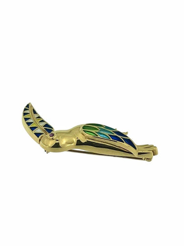 Broche Broche toucan vintage en or jaune 18 carats avec émail et rubis 58 Facettes