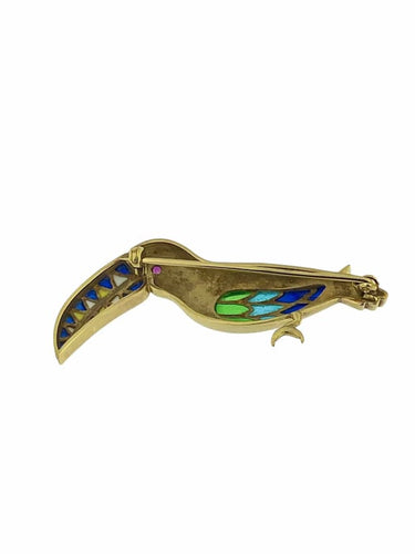 Broche Broche toucan vintage en or jaune 18 carats avec émail et rubis 58 Facettes