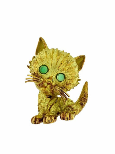 Broche Broche rétro chat en or rose, blanc et jaune 18 carats avec émeraudes 58 Facettes