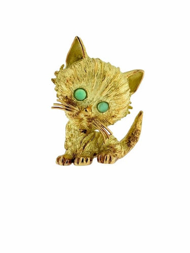 Broche Broche rétro chat en or rose, blanc et jaune 18 carats avec émeraudes 58 Facettes