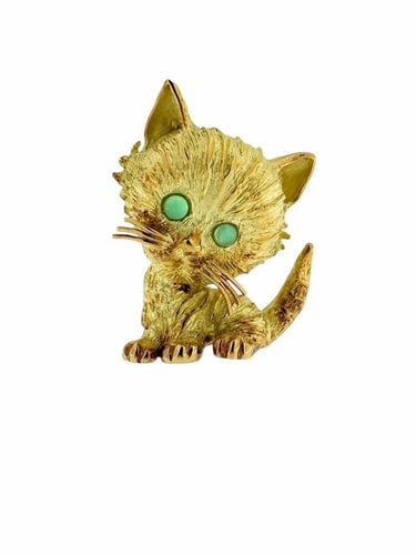 Broche Broche rétro chat en or rose, blanc et jaune 18 carats avec émeraudes 58 Facettes
