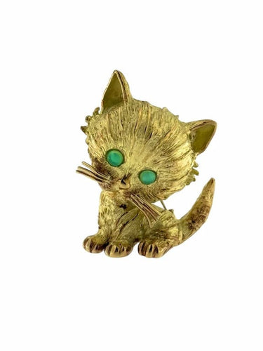 Broche Broche rétro chat en or rose, blanc et jaune 18 carats avec émeraudes 58 Facettes