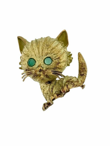 Broche Broche rétro chat en or rose, blanc et jaune 18 carats avec émeraudes 58 Facettes