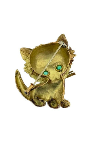 Broche Broche rétro chat en or rose, blanc et jaune 18 carats avec émeraudes 58 Facettes