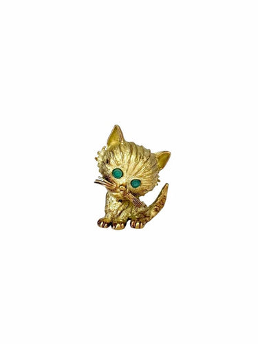 Broche Broche rétro chat en or rose, blanc et jaune 18 carats avec émeraudes 58 Facettes