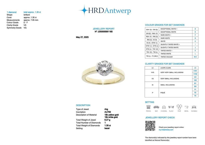 Bague 54 Bague solitaire en or jaune et blanc 18 carats avec diamant 1,30 ct 58 Facettes