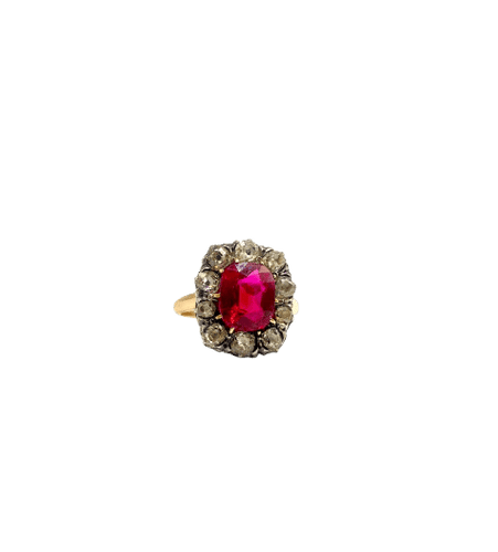 Bague 54 Bague en or jaune 18k avec rubis synthétique et 10 diamants 58 Facettes