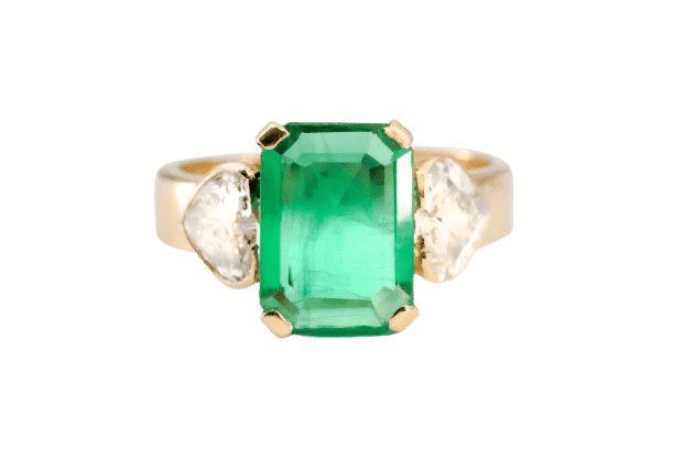Bague 57 Bague émeraude 3 ct et diamants taille cœur en or jaune 14 carats 58 Facettes