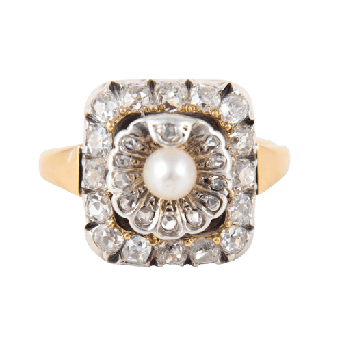 Bague 54 Bague rétro en or jaune 18 ct, perle et diamants 58 Facettes 1