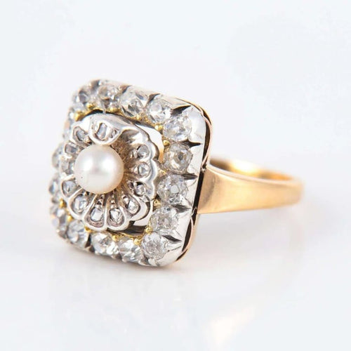 Bague 54 Bague rétro en or jaune 18 ct, perle et diamants 58 Facettes 1