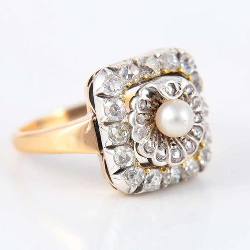 Bague 54 Bague rétro en or jaune 18 ct, perle et diamants 58 Facettes 1